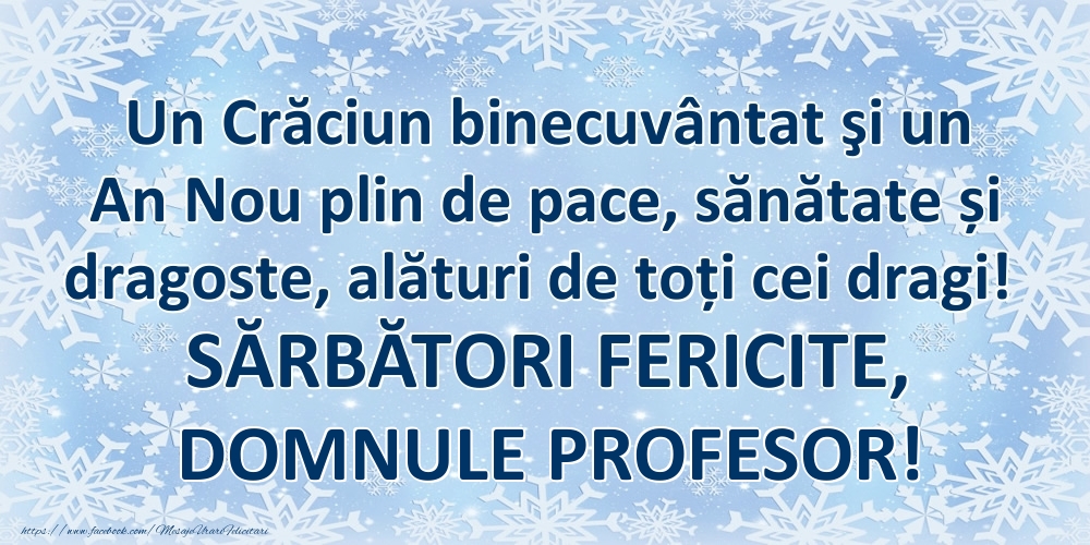 Felicitari de Craciun pentru Profesor - Un Crăciun binecuvântat şi un An Nou plin de pace, sănătate și dragoste, alături de toți cei dragi! SĂRBĂTORI FERICITE, domnule profesor!