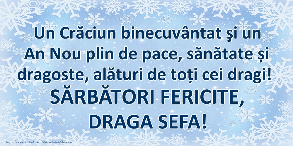 Felicitari de Craciun pentru Sefa - Un Crăciun binecuvântat şi un An Nou plin de pace, sănătate și dragoste, alături de toți cei dragi! SĂRBĂTORI FERICITE, draga sefa!