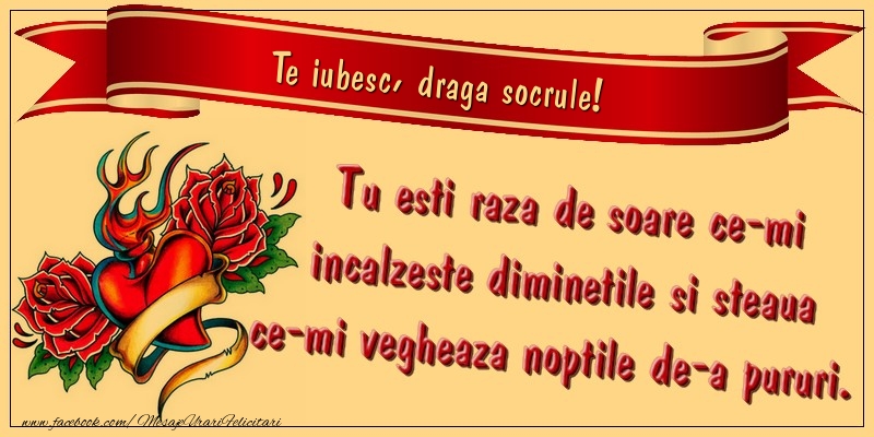Felicitari de dragoste pentru Socru - Te iubesc, draga socrule. Tu esti raza de soare ce-mi incalzeste diminetile si steaua ce-mi vegheaza noptile de-a pururi.