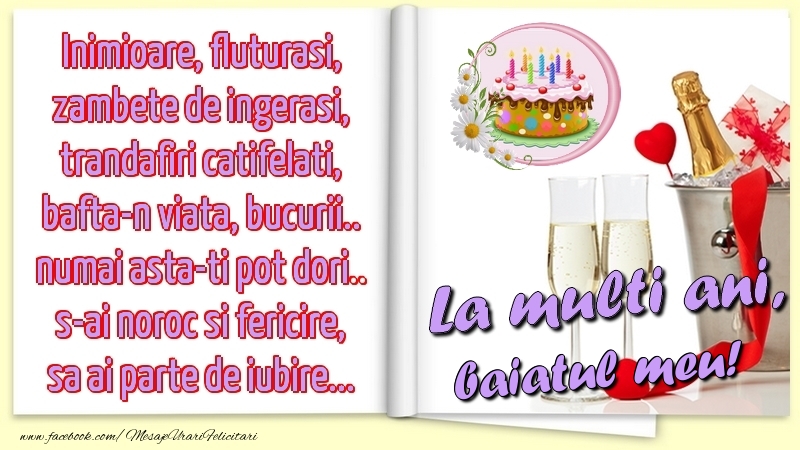 Felicitari de la multi ani pentru Baiat - Inimioare, fluturasi, zambete de ingerasi, trandafiri catifelati, bafta-n viata, bucurii.. numai asta-ti pot dori.. s-ai noroc si fericire, sa ai parte de iubire...La multi ani, baiatul meu!