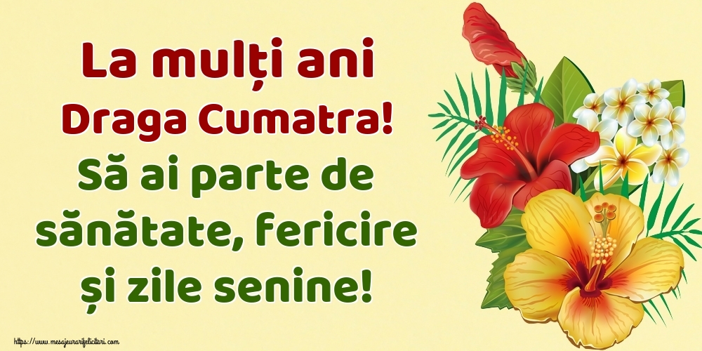 Felicitari de la multi ani pentru Cumatra - La mulți ani draga cumatra! Să ai parte de sănătate, fericire și zile senine!