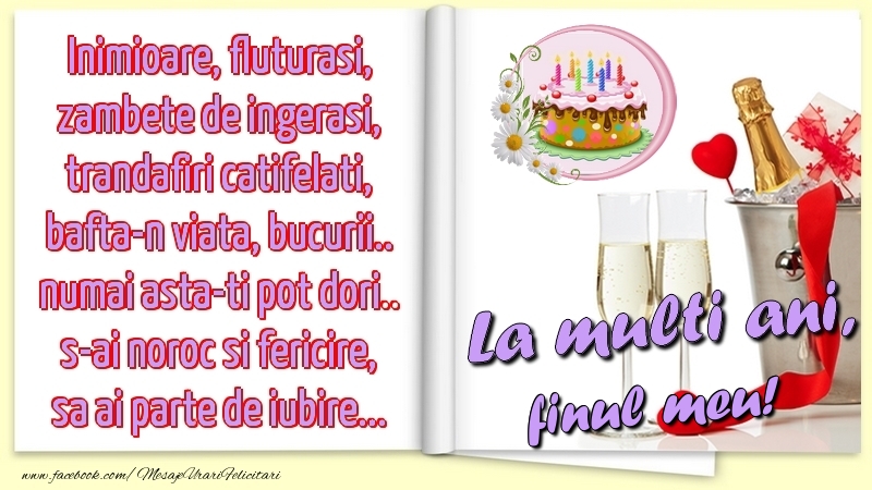 Felicitari de la multi ani pentru Fin - Inimioare, fluturasi, zambete de ingerasi, trandafiri catifelati, bafta-n viata, bucurii.. numai asta-ti pot dori.. s-ai noroc si fericire, sa ai parte de iubire...La multi ani, finul meu!