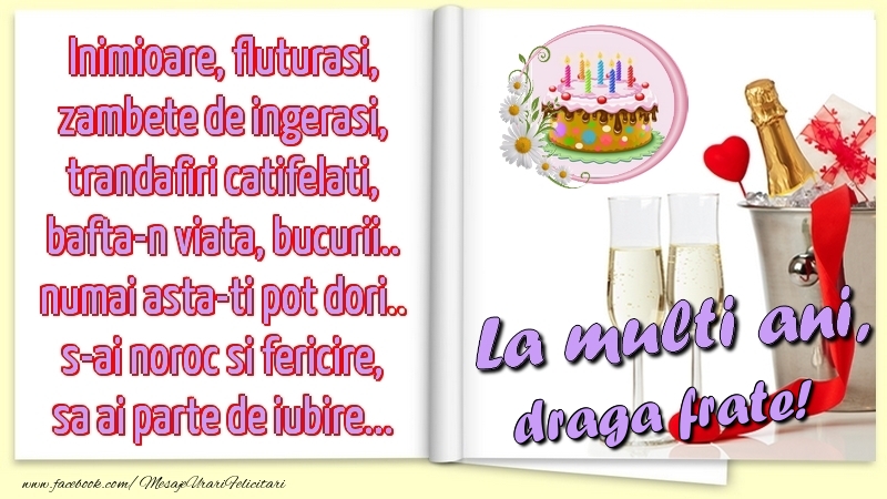 Felicitari de la multi ani pentru Frate - Inimioare, fluturasi, zambete de ingerasi, trandafiri catifelati, bafta-n viata, bucurii.. numai asta-ti pot dori.. s-ai noroc si fericire, sa ai parte de iubire...La multi ani, draga frate!
