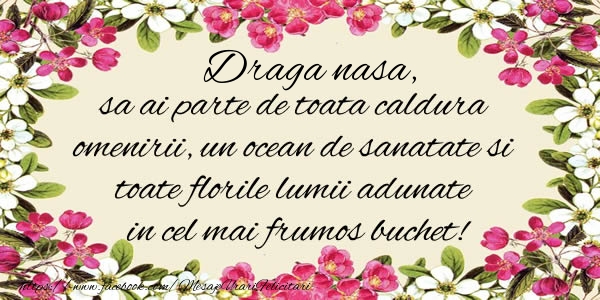 draga nasa la multi ani Draga nasa, sa ai parte de toata caldura omenirii, un ocean de sanatate si toate florile lumii adunate in cel mai frumos buchet!