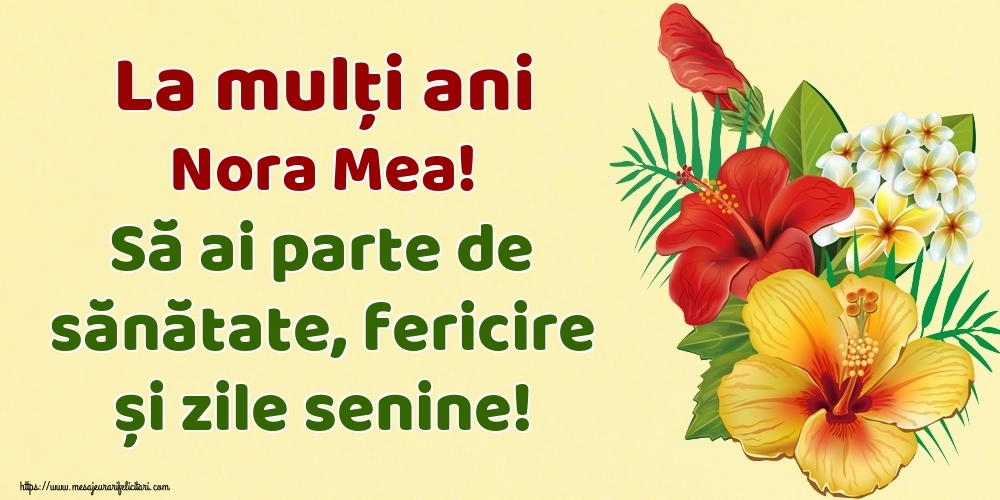 Felicitari de la multi ani pentru Nora - La mulți ani nora mea! Să ai parte de sănătate, fericire și zile senine!