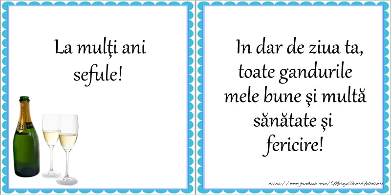Felicitari de la multi ani pentru Sef - La multi ani sefule! In dar de ziua ta, toate gandurile mele bune si multa sanatate si fericire!