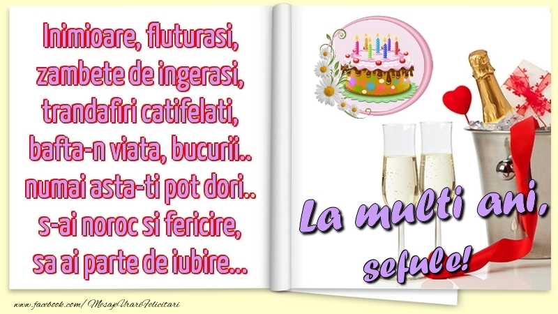 Felicitari de la multi ani pentru Sef - Inimioare, fluturasi, zambete de ingerasi, trandafiri catifelati, bafta-n viata, bucurii.. numai asta-ti pot dori.. s-ai noroc si fericire, sa ai parte de iubire...La multi ani, sefule!