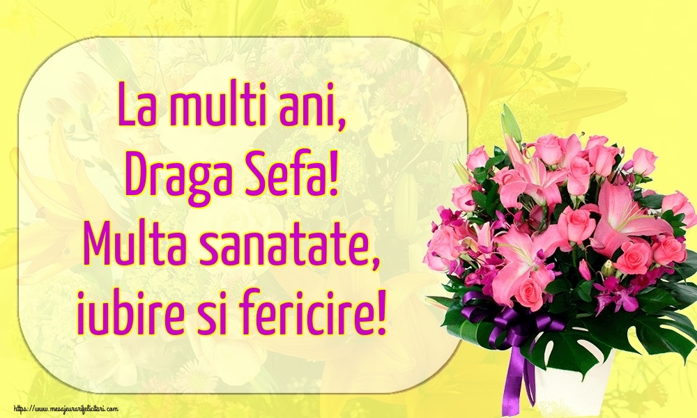 Felicitari de la multi ani pentru Sefa - La multi ani, draga sefa! Multa sanatate, iubire si fericire!