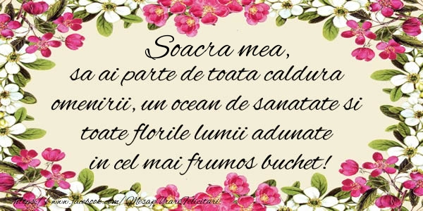 La multi ani Soacra mea, sa ai parte de toata caldura omenirii, un ocean de sanatate si toate florile lumii adunate in cel mai frumos buchet!