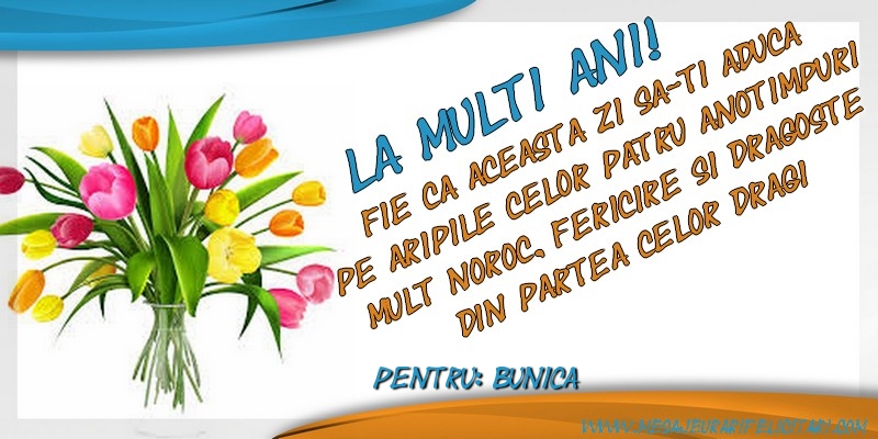 Felicitari de zi de nastere pentru Bunica - La multi ani, bunica! Fie ca aceasta zi sa-ti aduca pe aripile celor patru anotimpuri mult noroc, fericire si dragoste din partea celor dragi