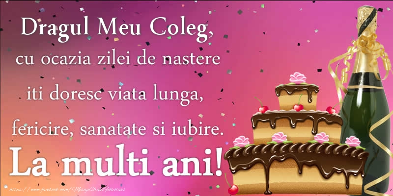 Felicitari de zi de nastere pentru Coleg - Dragul meu coleg, cu ocazia zilei de nastere iti doresc viata lunga, fericire, sanatate si iubire. La multi ani!
