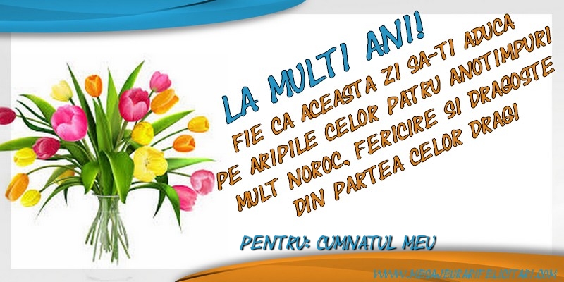 Felicitari de zi de nastere pentru Cumnat - La multi ani, cumnatul meu! Fie ca aceasta zi sa-ti aduca pe aripile celor patru anotimpuri mult noroc, fericire si dragoste din partea celor dragi