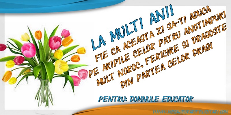 Felicitari de zi de nastere pentru Educator - La multi ani, domnule educator! Fie ca aceasta zi sa-ti aduca pe aripile celor patru anotimpuri mult noroc, fericire si dragoste din partea celor dragi