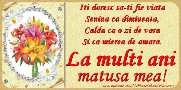 Felicitari de zi de nastere pentru Matusa - Iti doresc sa-ti fie viata, senina ca dimineata, calda ca o zi de vara, si ca mierea de amara. La multi ani matusa mea