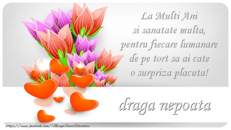 Felicitari de zi de nastere pentru Nepoata - La Multi Ani si sanatate multa, pentru fiecare lumanare de pe tort sa ai cate o surpriza placuta! draga nepoata