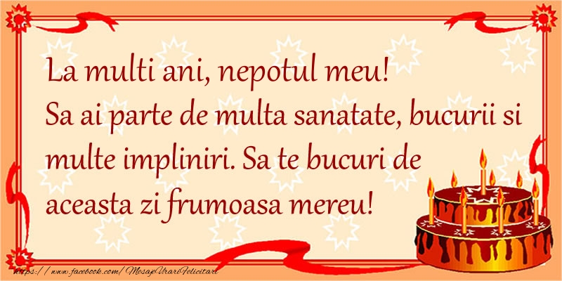 felicitari cu ziua de nastere pentru nepot La Multi Ani nepotul meu! Sa ai parte de multa sanatate, bucurii si multe impliniri. Sa te bucuri de aceasta zi frumoasa mereu.