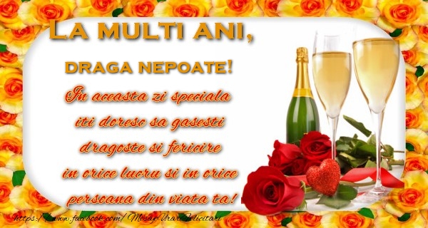 Felicitari de zi de nastere pentru Nepot - La multi ani! draga nepoate In aceasta zi speciala  iti doresc sa gasesti  dragoste si fericire  in orice lucru si in orice  persoana din viata ta!