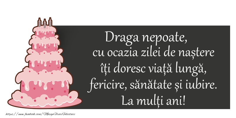 Felicitari de zi de nastere pentru Nepot - Draga nepoate, cu ocazia zilei de nastere iti doresc viata lunga,  fericire, sanatate si iubire.  La multi ani!