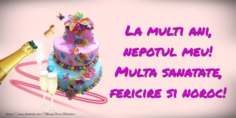 Felicitari de zi de nastere pentru Nepot - Felicitare cu tort si sampanie: La multi ani, nepotul meu! Multa sanatate, fericire si noroc!