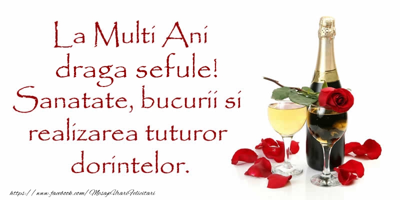 Felicitari de zi de nastere pentru Sef - La Multi Ani draga sefule! Sanatate, bucurii si realizarea tuturor dorintelor.