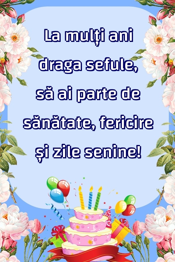 Felicitari de zi de nastere pentru Sef - La mulți ani draga sefule, să ai parte de sănătate, fericire și zile senine!