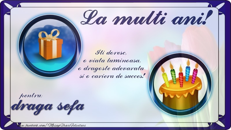 Felicitari de zi de nastere pentru Sefa - La multi ani, pentru draga sefa! Iti doresc,  o viata luminoasa, o dragoste adevarata  si o cariera de succes!