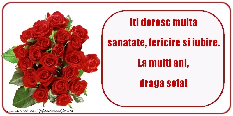 Felicitari de zi de nastere pentru Sefa - Iti doresc multa sanatate, fericire si iubire. La multi ani, draga sefa