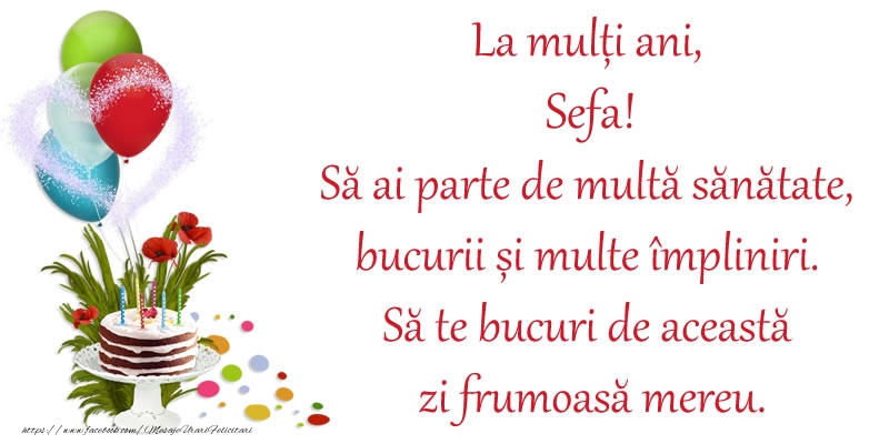 Felicitari de zi de nastere pentru Sefa - La mulți ani, sefa! Să ai parte de multă sănătate, bucurii și multe împliniri. Să te bucuri de această zi frumoasă mereu.