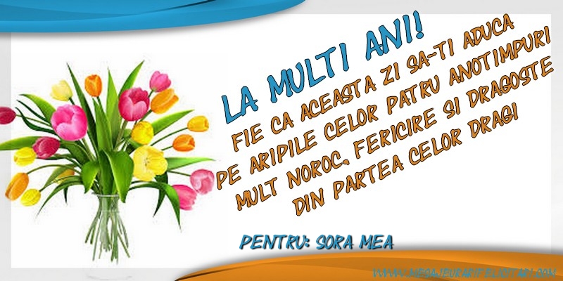 Felicitari de zi de nastere pentru Sora - La multi ani, sora mea! Fie ca aceasta zi sa-ti aduca pe aripile celor patru anotimpuri mult noroc, fericire si dragoste din partea celor dragi