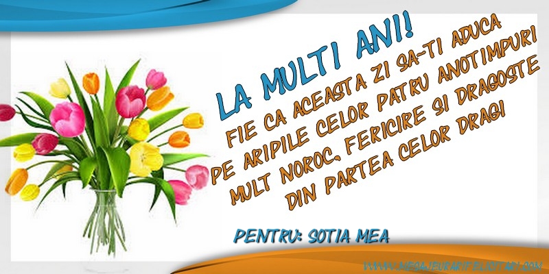 Felicitari de zi de nastere pentru Sotie - La multi ani, sotia mea! Fie ca aceasta zi sa-ti aduca pe aripile celor patru anotimpuri mult noroc, fericire si dragoste din partea celor dragi