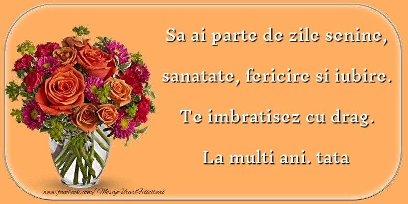 Felicitari de zi de nastere pentru Tata - Sa ai parte de zile senine, sanatate, fericire si iubire. Te imbratisez cu drag. tata