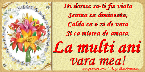 Felicitari de zi de nastere pentru Verisoara - Iti doresc sa-ti fie viata, senina ca dimineata, calda ca o zi de vara, si ca mierea de amara. La multi ani vara mea