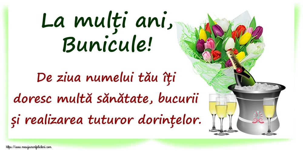 Felicitari de Ziua Numelui pentru Bunic - La mulți ani, bunicule! De ziua numelui tău îți doresc multă sănătate, bucurii și realizarea tuturor dorințelor.