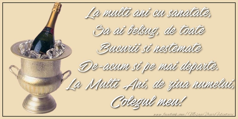 Felicitari de Ziua Numelui pentru Coleg - La multi ani cu sanatate,  Sa ai belsug, de toate  Bucurii si nestemate  De-acum si pe mai departe.  La Multi Ani, de ziua numelui, colegul meu