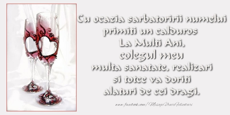 Felicitari de Ziua Numelui pentru Coleg - Cu ocazia sarbatoririi numelui primiti un calduros La Multi Ani, colegul meu multa sanatate, realizari si totce va doriti alaturi de cei dragi.