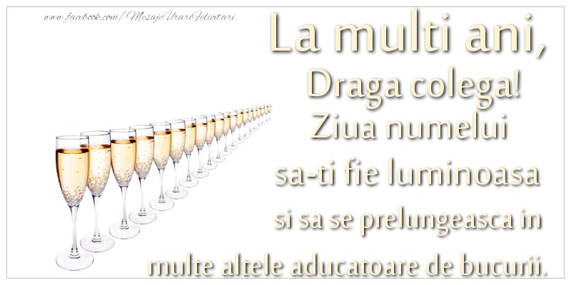Felicitari de Ziua Numelui pentru Colega - La multi ani, draga colega Ziua numelui sa-ti fie luminoasa si sa se prelungeasca in  multe altele aducatoare de bucurii.