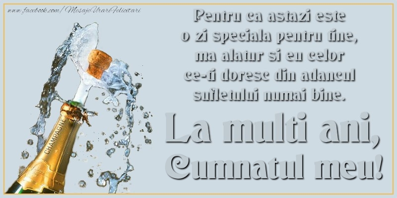 Felicitari de Ziua Numelui pentru Cumnat - Pentru ca astazi este o zi speciala pentru tine, ma alatur si eu celor ce-ti doresc din adancul sufletului numai bine. La multi an, cumnatul meu