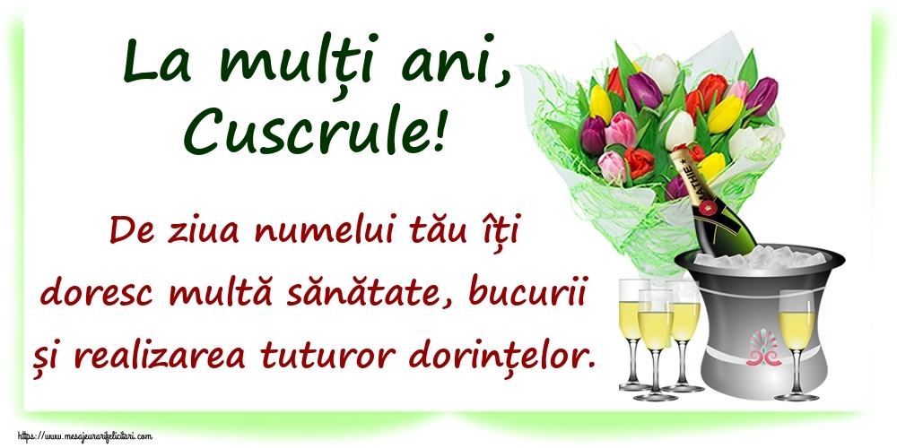 Felicitari de Ziua Numelui pentru Cuscru - La mulți ani, cuscrule! De ziua numelui tău îți doresc multă sănătate, bucurii și realizarea tuturor dorințelor.