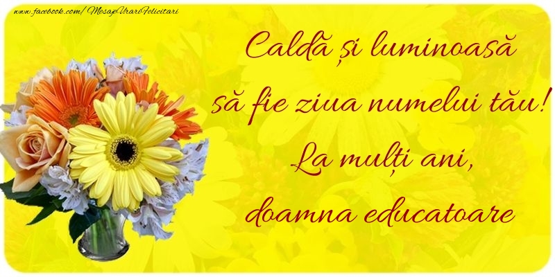 Felicitari de Ziua Numelui pentru Educatoare - Caldă și luminoasă să fie ziua numelui tău! La mulți ani, doamna educatoare