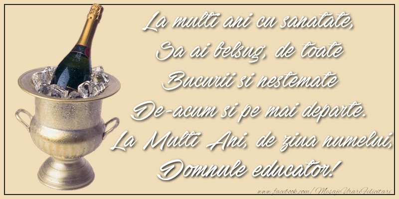 Felicitari de Ziua Numelui pentru Educator - La multi ani cu sanatate,  Sa ai belsug, de toate  Bucurii si nestemate  De-acum si pe mai departe.  La Multi Ani, de ziua numelui, domnule educator