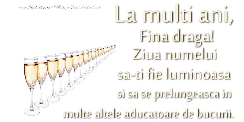 Felicitari de Ziua Numelui pentru Fina - La multi ani, fina draga Ziua numelui sa-ti fie luminoasa si sa se prelungeasca in  multe altele aducatoare de bucurii.