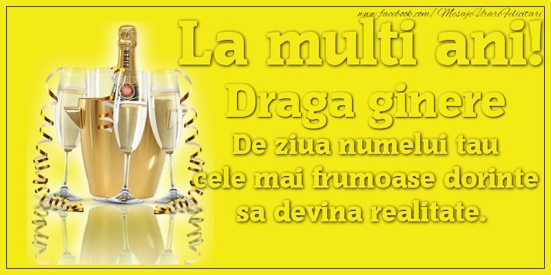 Felicitari de Ziua Numelui pentru Ginere - La multi ani, draga ginere De ziua numelui tau cele mai frumoase dorinte sa devina realitate.