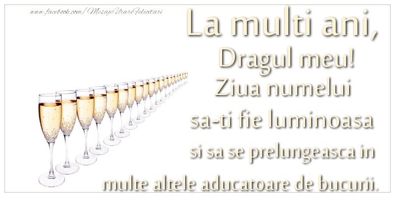 Felicitari de Ziua Numelui pentru Iubit - La multi ani, dragul meu Ziua numelui sa-ti fie luminoasa si sa se prelungeasca in  multe altele aducatoare de bucurii.