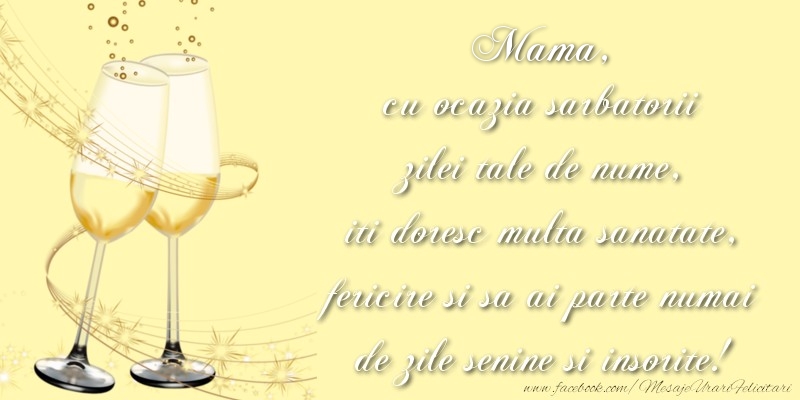 Felicitari de Ziua Numelui pentru Mama - Mama cu ocazia sarbatorii zilei tale de nume, iti doresc multa sanatate, fericire si sa ai parte numai de zile senine si insorite!
