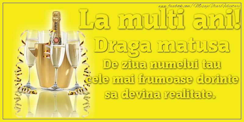 Felicitari de Ziua Numelui pentru Matusa - La multi ani, draga matusa De ziua numelui tau cele mai frumoase dorinte sa devina realitate.