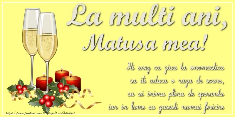 Ziua Numelui La multi ani, matusa mea! Iti urez ca ziua ta onomastica sa iti aduca o raza de soare, sa ai inima plina de speranta iar in lume sa gasesti numai fericire
