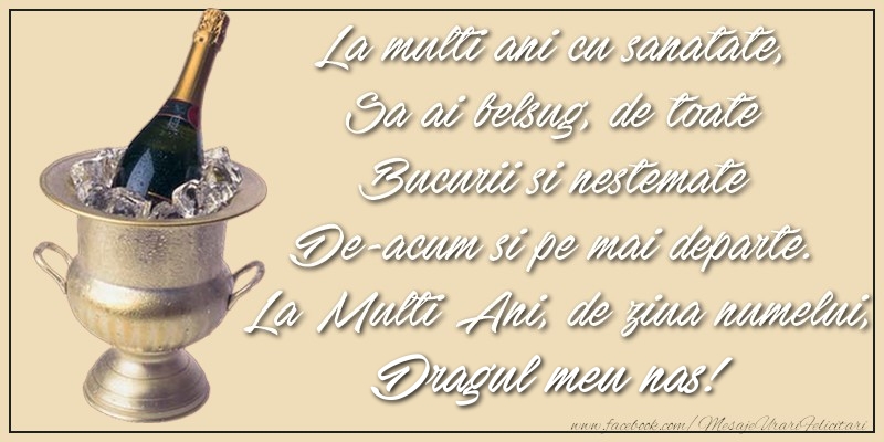 Felicitari de Ziua Numelui pentru Nas - La multi ani cu sanatate,  Sa ai belsug, de toate  Bucurii si nestemate  De-acum si pe mai departe.  La Multi Ani, de ziua numelui, dragul meu nas