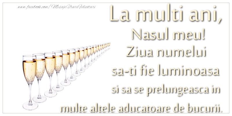 Felicitari de Ziua Numelui pentru Nas - La multi ani, nasul meu Ziua numelui sa-ti fie luminoasa si sa se prelungeasca in  multe altele aducatoare de bucurii.