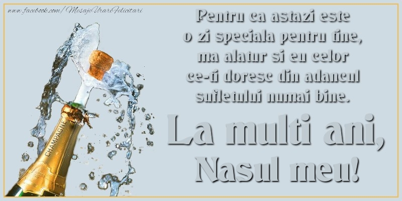 Felicitari de Ziua Numelui pentru Nas - Pentru ca astazi este o zi speciala pentru tine, ma alatur si eu celor ce-ti doresc din adancul sufletului numai bine. La multi an, nasul meu