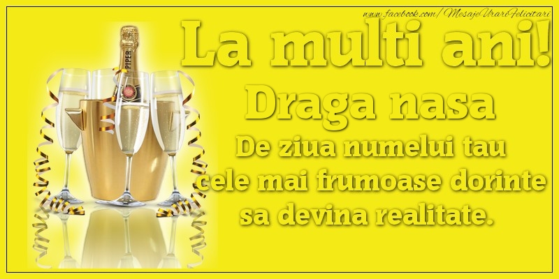 Felicitari de Ziua Numelui pentru Nasa - La multi ani, draga nasa De ziua numelui tau cele mai frumoase dorinte sa devina realitate.